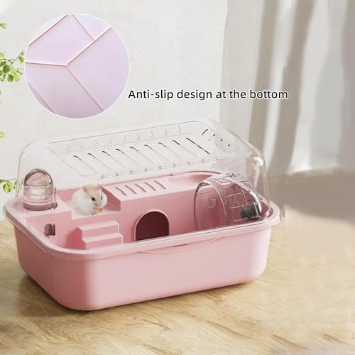 Hamiledyi Dwarf Hamster Cage Clear Plastic Small Hamster Cage Portable Carrier with Water Bottle Exercise Wheel Bathtub Box Set Toy for Dwarf Baby Hamster (Pink) - color: Pink