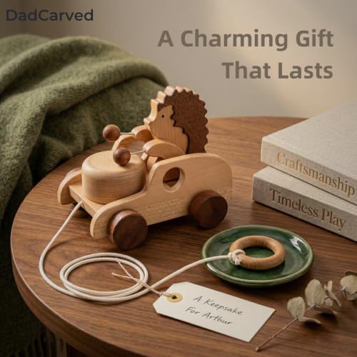 Hedgehog Pull Toy | Montessori Wooden Pull-Along Walking Toy with Wooden Grip Ring | Natural Drumming Sound for Kid Toddlers