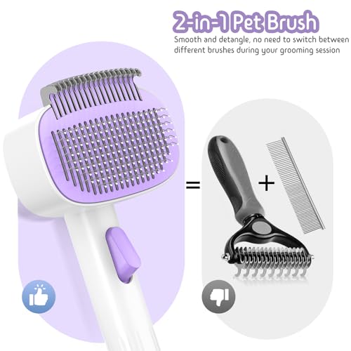 Dog & Cat Brush for Shedding, 2-in-1 Self Cleaning Deshedding Brush | Adjustable Bristle Length with Dematting Comb Skin Friendly Fur Shedding Removal Tool for Long Medium Long Hair Pets (Purple) - color: Purple