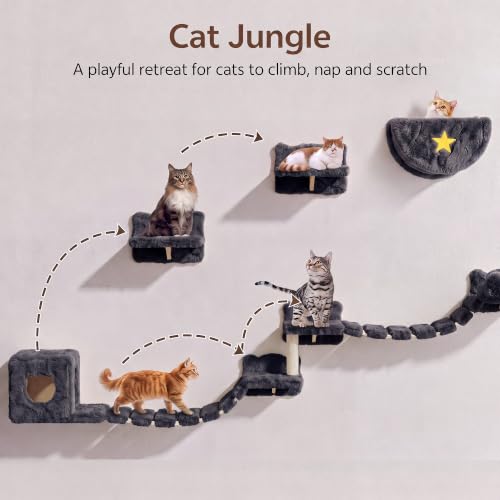 13-in-1 Cat Wall Shelves, Moon & Bridge Cat Wall Furniture, Grey | Wall Mounted Cats Shelf Set with Plush Fabric, Cat Climbing Systems for 16 Inch Drywall, Condo, Scratching Post, Space-Saving - color: Grey, size: 13-in-1
