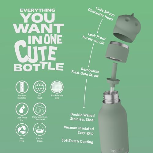 asobu Bestie Water Bottle, Cute Collectible Character, Leak Proof, BPA Free | 16 oz, Stays Cold 24 Hours, Double Wall Vacuum Insulation, Food Grade Stainless Steel, Spill Resistant, Great Gift Idea - color: Dino