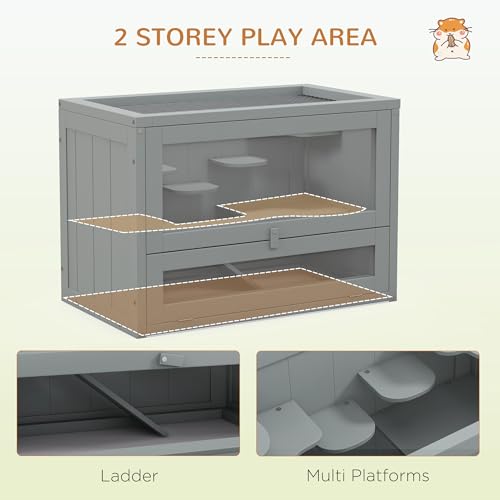 PawHut 2-Level Hamster Cage, Mouse Cage for Chinchillas, Gray | Mice and Rat House, Small Animal Habitat, Front Door, Shelf, Ladder, Openable Top - color: Gray