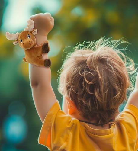 DolliBu Moose Stuffed Animal Slap Bracelet - Fluffy Wild Animal Magnetic Snap Bracelet for Kids, Wearable Plush Slap Bracelet Wrist Band Toy for Children's Accessory, Play and Party Favor - 5 Inch