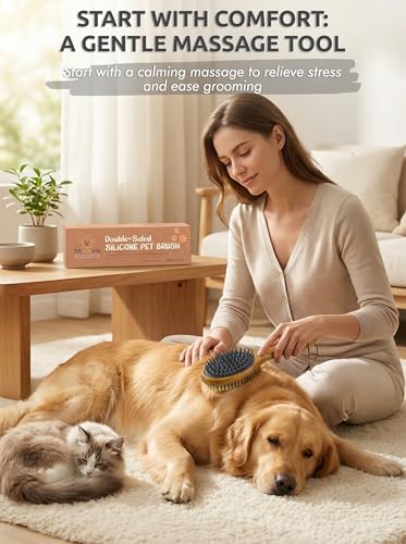 TAKAVU Short Hair Dog & Cat Deshedding Brush, Double-Sided Silicone Bristle | Grooming Brush for Pets, Gentle on Sensitive Skin, Wooden Handle, Reduces Shedding - color: White Boar Bristle & Silicone Brush