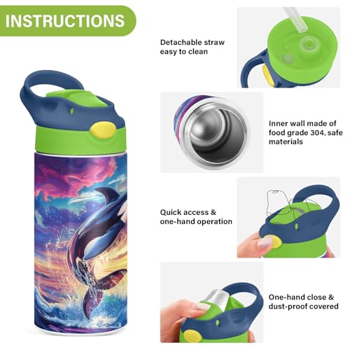 OTVEE Orca Whale Kids Water Bottle with Straw Lid 12 oz Insulated Stainless Steel Leakproof Duck Mouth Tumbler Cup for Boys Girls Teen School - color: Orca Whale