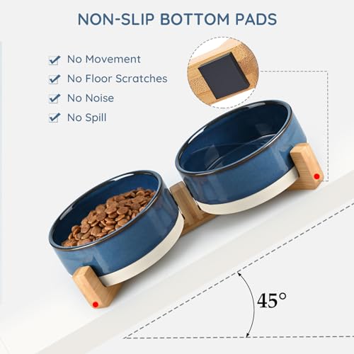 SPUNKYJUNKY Ceramic Dog and Cat Bowl Set with Wooden Stand, Modern Cute Weighted Food Water Bowl Set for Small Size Dogs (1.7 Cups, 2 × Pattern Blue) - color: Pattern Blue × 2, size: 1.7 cups