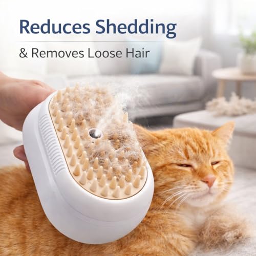 Three in One Electric Pet Grooming Brush with Fine Mist Spray | Combines massage, deshedding, and a fine mist spray to gently remove loose fur while cleaning the coat.