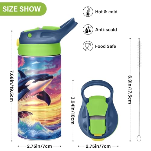 OTVEE Orca Whale Kids Water Bottle with Straw Lid 12 oz Insulated Stainless Steel Leakproof Duck Mouth Tumbler Cup for Boys Girls Teen School - color: Orca Whale