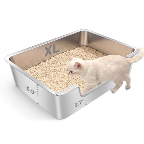 Low Entry Litter Box for Senior or Disabled & Injured Cats, Stainless Steel High Sided Enclosed Easy Step in Entry-Large Metal Kitty Litter Box for Kittens, Odor Control (23.6”x15.7”x5.9”) - size: XL-23.6"x15.7"x5.9"