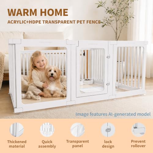 Dog Playpen for Puppies & Small Dogs, 23.6" H, 16 Panels, White | Puppy Playpen with 3 Clear PET Panels & Lockable Door, HDPE Pet Playpen, DIY Pet Fence for Home, Apartment, Small Pets
