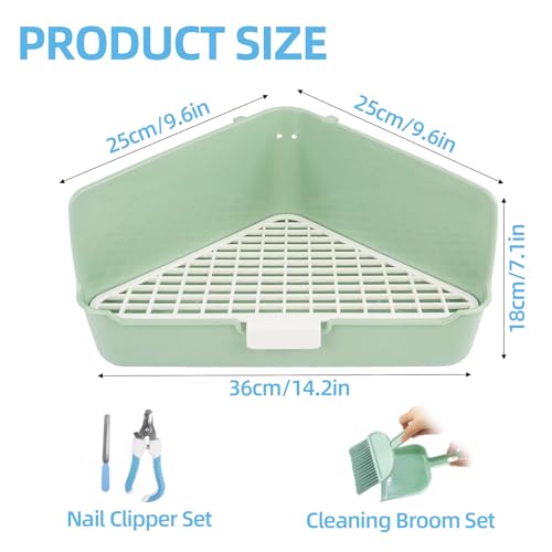 Large Rabbit Litter Box 10" x 10" x 7" with Broom & Grooming Kit, Low-Entry Corner Toilet Pan for Potty Training Rabbits Bunny Guinea Pigs Ferrets (Green)