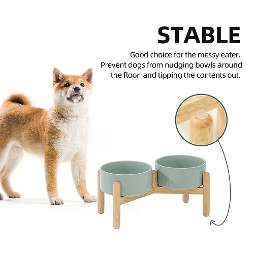 Havniva Elevated Dog Bowls Ceramic Dog Bowls with Stand, Dog Food Bowl | 6.1” Raised Dog Bowls with Non-Slip Wood Stand, Dog Food and Water Bowl Set, Double Dog Feeding Bowls for Small & Medium Dogs - color: 2 Bowls+Stand - Light Green, size: 6.1inch