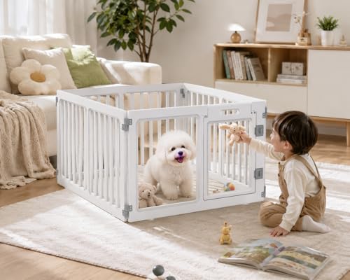 Clear Acrylic Dog Playpen with Door,23.6" Puppy Playpen,Easy Assemble Pet Fence for Puppies/Small Dog Play Pen Indoor (White, 23.6"&40", 4 PC(Fence))