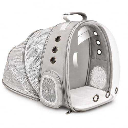 Expandable Cat Carrier Backpack with Bubble Window, Grey | Breathable mesh, anti-collapse frame, side door, safety leash and escape-resistant zippers for vet visits and outdoor travel. - color: Grey