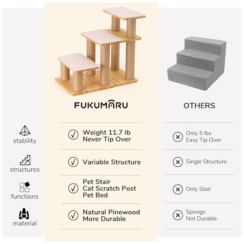 FUKUMARU Dog Stairs, Solid Wood Pet Stairs with Cat Scratching Post | Transformable Cat Step Hold Up to 200 lbs, 20" Pet Ramp for Dogs and Cats to Climb High Bed and Couch, Over 6 Combinations - color: Beige