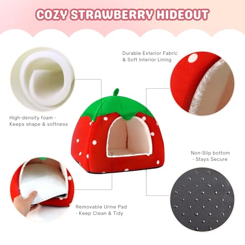 Rabbit Hideout, Washable Bunny Bed with Removable Pee Pad, Plush Indoor Rabbit House, Adorable Strawberry Design Small Animal Hideaway for Guinea Pig, Red - color: Red