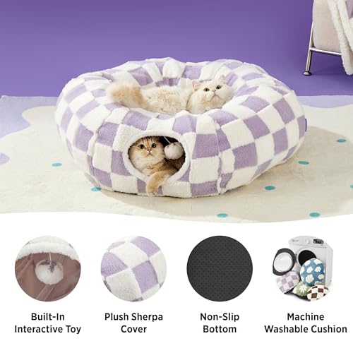 Lesure Donut Cute Jacquard Cat Tunnel Bed Kitten Toys for Puppy Bunny | 33.5x33.5x10in,Round Cat Bed Tube for Indoor Cats Rabbit Dog,Pet Peekaboo Cave Toy,Spiral Hideaway,Washable Cushion,Lavender - color: Lavender Checks, size: Standard (33.5"L x 33.5"W