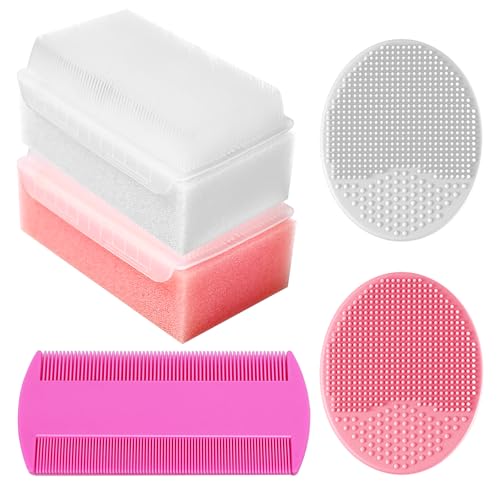 Cradle Cap Brush for Babies, Baby Bath Essentials with Silicone Scrubber Bath Sponge Dual-Sided Comb for Newborns Toddlers Boys Girls (Pink, Set of 5) - color: Pink Brush+comb