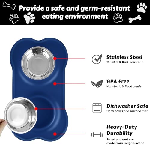 AsFrost Dog Food Bowls Stainless Steel Dog Bowls, Food Water Bowl Set with No Spill Non-Skid Silicone Mat, Dog Dish Double Pet Feeder Bowls for Small Medium Sized Large Dogs Cats Puppy, Blue - color: BLUE, size: 4¾ Cup/38 oz each