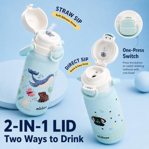 Mininoo 18oz Insulated Stainless Steel Kids Water Bottle for School, Bunny | 2-in-1 Straw & Spout Lid, Leak-Proof, BPA-Free, for Girls & Boys, Blue - color: 18oz Light Blue-Bunny