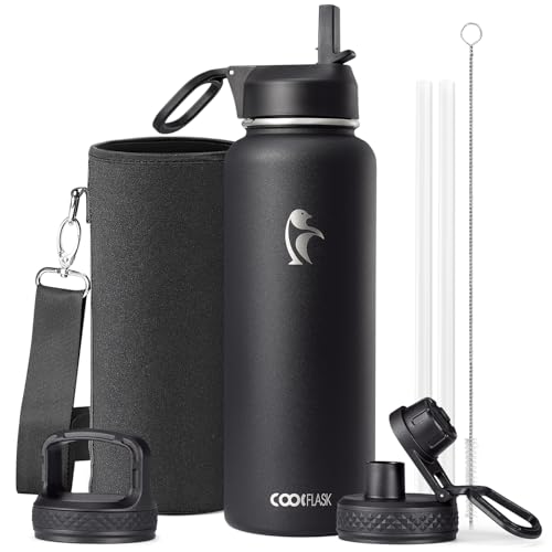 Coolflask 40 oz Water Bottle Insulated with Straw & 3 Leakproof Lids | Water Flask Stainless Steel Triple-Wall Vacuum,Cold 48+h,Dishwasher Safe,Wide Mouth, BPA-Free,Carrier Bag,for Gym,Hiking - color: Magic Black, size: 40 Ounces