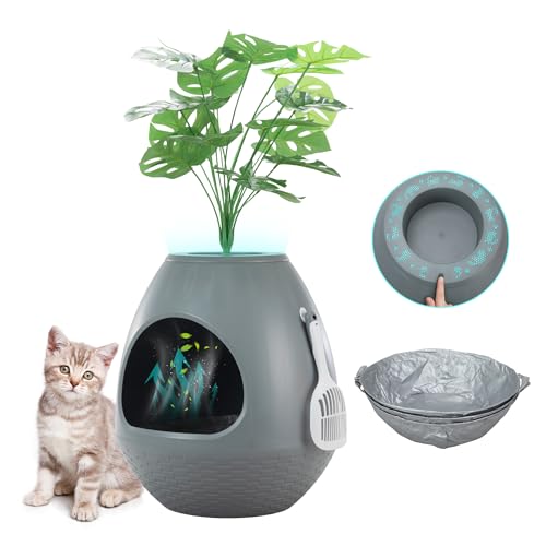 Egglao6 Hidden Cat Litter Box Furniture with Artificial Plants, Odor Removal System, 3PCS Cat Litter Box Liners, Cat Litter Scoop, Quick Assembly, Secret Kitty Enclosure, Extra Large (Grey) - color: Gray