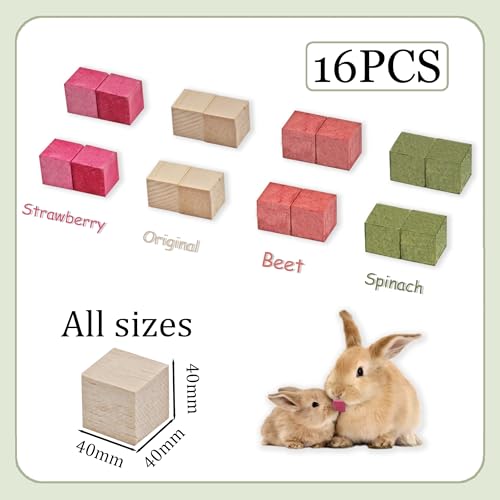 Fruit-Infused Balsa Wood Chew Toys, 16PCS Strawberry Orange and Pitaya Molar Blocks for Rabbits, Guinea Pigs and Chinchillas, 1.6 Inch Large Natural Small Animal Teeth Grinding Treats
