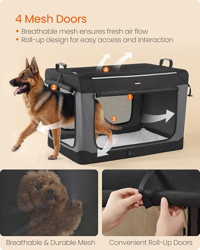 Feandrea Collapsible Dog Crate, Portable Travel Crate, 42-Inch | Oxford Fabric Pet Carrier with 4 Mesh Doors, Handles, Storage Pocket, Water Bottle Holder, UPDC021B01 - size: XXL（42"L x 28"W x 28"H)