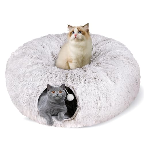 Peekaboo Cat Cave with Washable Mat, Collapsible Cat Play Tunnel for Kittens & Small Pets, Plush Cat Donut Bed Tunnel, Brown - color: brown