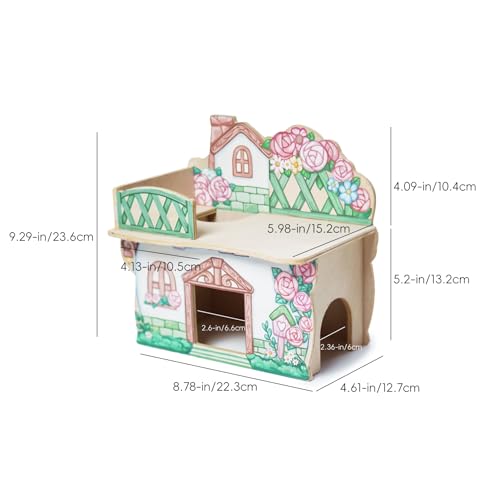 Sweet Sugar 2-Level Wooden Hamster Hideout, Floral Cottage House with Rooftop Terrace for Syrian & Dwarf Hamsters, Gerbils & Mice, Natural Wood Small Animal Habitat, 8.78 x 5.98 x 9.29 in | 2-Level Floral Cottage Wooden Hamster Hideout with Rooftop Terrac