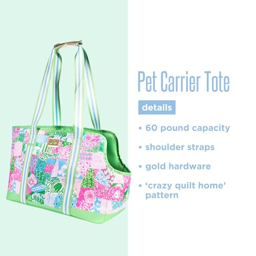 Lilly Pulitzer Small Pet Carrier 60lb Capacity, Crazy Quilt Home | Soft Sided with Removable Padded Insert, Shoulder Straps, Open-Top with Gold Buckle Closure & Safety Clip & Exterior Pocket