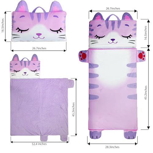 Wizland Sleeping Bag for Kids,Portable Daycare Nap Mat -61.8"×28.3" for 3 4 5 6 7 8 - color: Kid Cat Sleeping Bag+Pillow