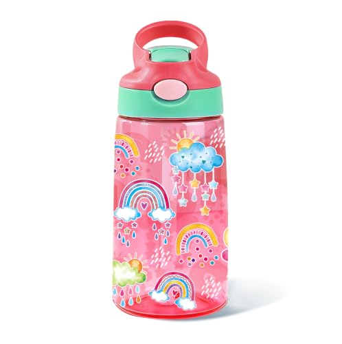 Kids Plastic Water Bottle - Rainbow Water Bottle for Kids, 14oz Plastic Water Bottles with Straw Lid, Leakproof BPA-Free Rainbow Water Bottles for Home Sports Travel, Pop-Up Straw Cover, Pink - color: Rainbow