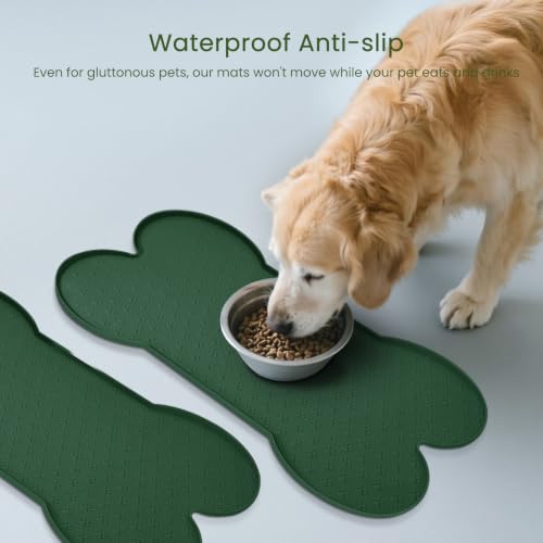 PWTAA Dog Food Mat Anti-Slip Silicone Dog Bowl Mat Thicker Pet Placemat Waterproof Cat Feeder Pad with Raised Edge Puppy Kitten Feeding Mats Suitable Small Medium-Sized Dogs Cats Eating Tray - 2PCS - color: Hunter Green, size: 19.4" x 9.8"-2PCS