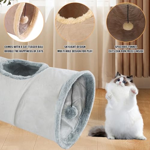Cat Tunnel,Indoor Cat Play Tube Toys with Play Ball,Durable Collapsible Rabbit Hideaway Tunnel for Kitten,Bunny, Guinea Pig, Rat, Hamster, Ferret, Chinchilla (Grey) - color: Grey