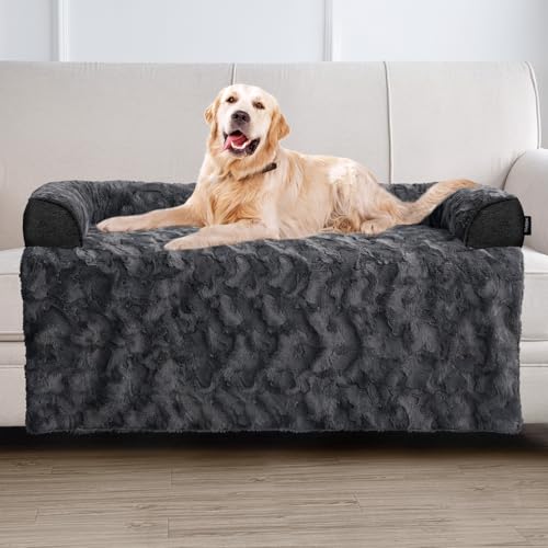 Calming Extra Large Dog Bed for Couch, 45 x 37 inch Removable Couch Cover for Dogs Washable, Non-Slip Fluffy Plush Dog Sofa Mat for Furniture Protector - Dark Grey - color: Dark Grey, size: 45"L x 37"W x 5"Th
