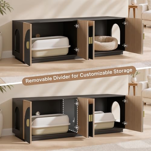 Amunrbrek Double Cat Litter Box Enclosure Furniture with Optional Divider - color: Black and Natural Double