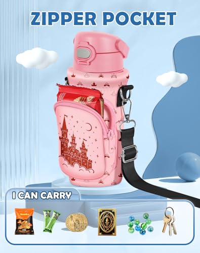Water Bottle Carrier with Strap for Kids, 14-20 oz | Insulated, Neoprene Water Bottle Holder Bag with Pocket, Cute Cartoon, Bottle Bag for boys and girls, Walking Hiking Camping - color: Pink Castle