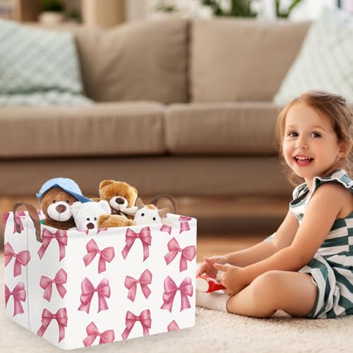 Rectangular Pink Girls basket,Delicate pink bow girls nursery laundry basket,Pink Laundry Hamper,kids waterproof collapsible canvas basket,Toy bins,Girls Room decor(Bowknots) - color: Bowknots