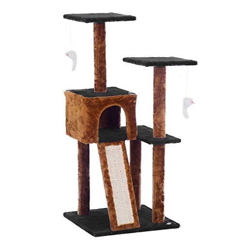 Cat Tree Condo Tower with Scratching Posts - Kitten Perch Furniture Play House, Durable Sisal Wrapped, with Mouse Moving Cat Toy, Climbing Platform - Dark Brown/Blue, 44" x 22" x 22"