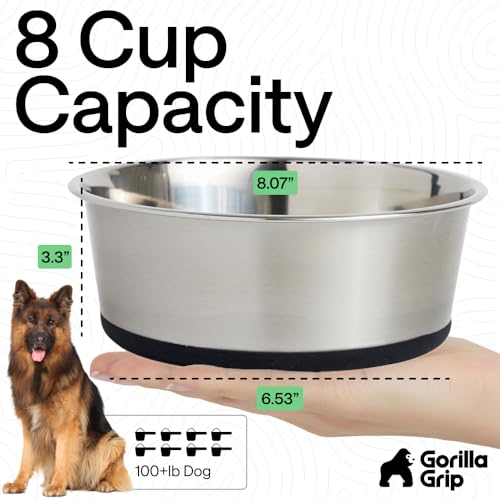 GORILLA GRIP Dog Bowl, Holds 8 Cups (64 fl oz), Food Grade 304 Stainless Steel Food and Water Bowl for Feeding Dogs and Cats, BPA Free Rubber Base, Easy Clean, Dishwasher Safe, Rust Resistant, Black - color: Black, size: 8 Cup (64 Oz)