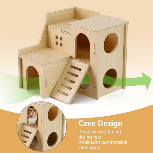 Wooden Hamster Hideout Cage Accessories, Guinea Pig House and Seesaw | Double-Decker Hide Hut with Slide, Hamster Chew Toys for Pet Rats, Hamster Platform for Dwarf Gerbils, Two-Story