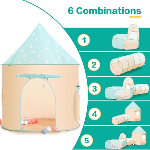 PigPigPen 3pc Kids Play Tent for Girls and Boys with Ball Pit, Crawl Tunnel, Princess Tents for Toddlers, Baby Space World Playhouse Toys, Boys Indoor& Outdoor Play House, Perfect Kid’s Gifts - style: 3PC Orange & Green Star Play Tent