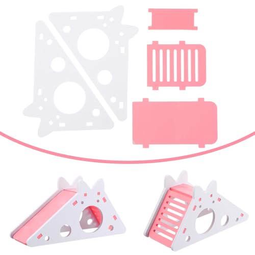TIESOME Hamster House with Ladder and Slide, Wooden Hamster Play Toys Hideout Hut Gerbil Rat Hideaway Small Animal Activity Toy DIY Hamsters Cage Accessories for Small Pets(Pink)