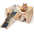 Wooden Hamster House Hideout, Natural Wood Small Animal Hut with Stairs, Cute Hamster Cage Accessories Habitat for Hamsters, Guinea Pigs, Chinchillas, Gerbils, Rabbits, and Other Small Pets
