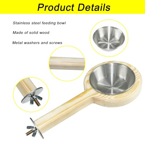 2-Pack Bird Perch Feeding Cup for Parakeet Cockatiel Budgie | 2-in-1 wooden perch and stainless steel bowl stops tipping and cage mess. Fits most cages, tool-free - color: 2*small bird feeding cup