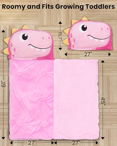 Kids Sleeping Bag, 3 in 1 Larger Plush Animal Toddler Nap Mat | Slumber Bag for Travel Sleepover Birthday Daycare Preschool Kindergarten, Boys Girls - color: Pink Dinosaur, size: 61"*27