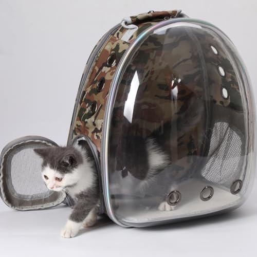 Expandable Cat Carrier Backpack with Bubble Window, Camo | Breathable mesh, anti-collapse frame, side door, safety leash and escape-resistant zippers for vet visits and outdoor travel. - color: Camo