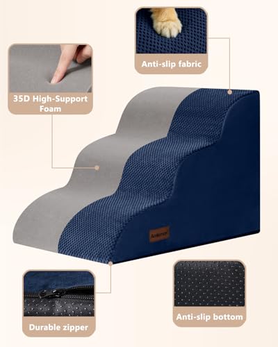Aodisman Dog Stairs for Small Dogs,3 Step Dog Ramp for Couch,Non-Slip Steps | Pet stairs help small dogs, old cats, and puppies reach couches and chairs easily, durable indoor dog steps,15.4" H, Blue - color: Blue