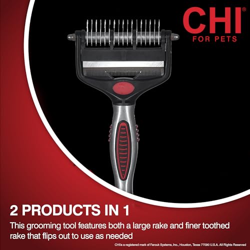 CHI for Dogs 2 in 1 Dematting and Deshedding Rake, Dual Head Dog Grooming Tool with Wide Tooth Dematting Rake and Fine Deshedding Rake, Detangler Comb for Thick Double and Long Dog Coat | Dual-head design, wide-tooth dematting and fine deshedding rakes, d